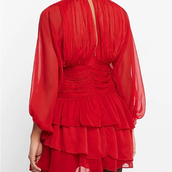 Express Mock Neck Long Sleeve Pleated Waist Tiered Ruffle Mini Red Dress - Picture 9 of 9